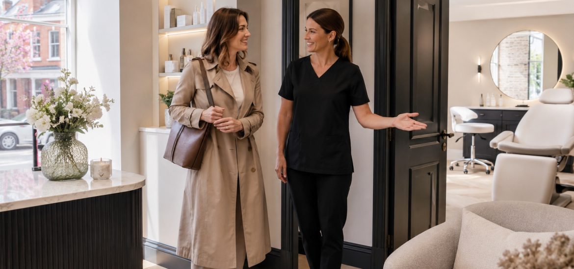 Anti-Wrinkle Injections Near Me in Reading Client being welcomed into a modern aesthetics clinic for anti-wrinkle treatment in Reading