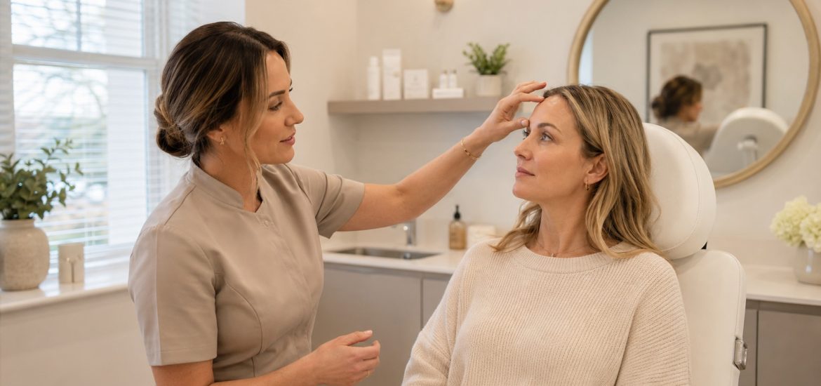 Anti-Wrinkle Treatment Consultation in Reading Aesthetic practitioner assessing a client’s forehead during an anti-wrinkle consultation in Reading