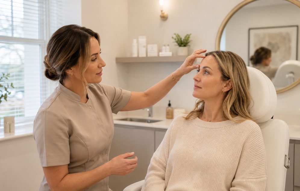 Anti-Wrinkle Treatment Consultation in Reading Aesthetic practitioner assessing a client’s forehead during an anti-wrinkle consultation in Reading