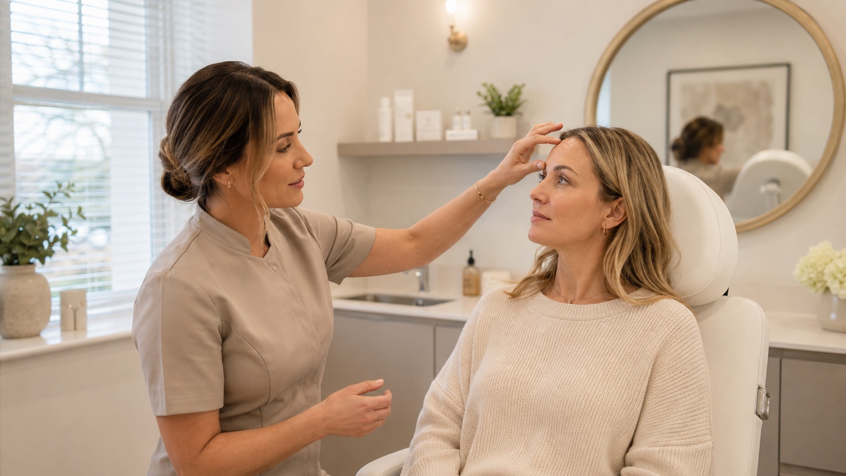 Aesthetic practitioner assessing a client’s forehead during an anti-wrinkle consultation in Reading