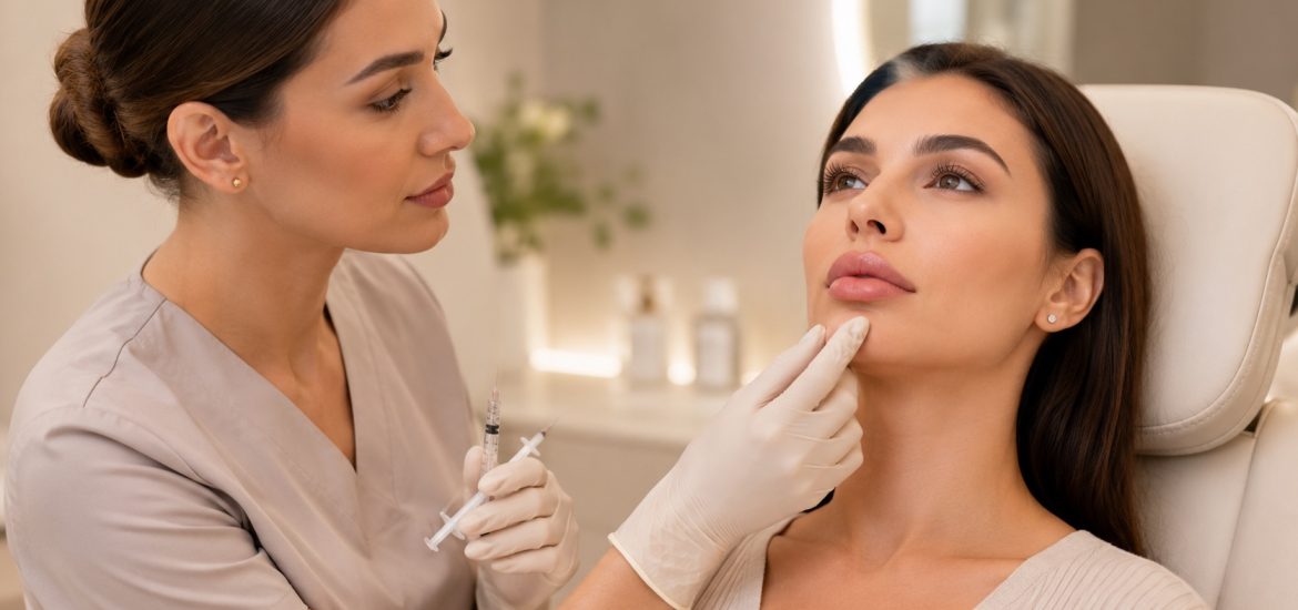 Russian Lip Filler Consultation in Reading Aesthetic practitioner assessing a client’s lips during a Russian lip filler consultation in Reading