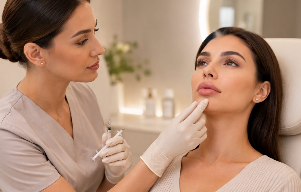 Russian Lip Filler Consultation in Reading Aesthetic practitioner assessing a client’s lips during a Russian lip filler consultation in Reading