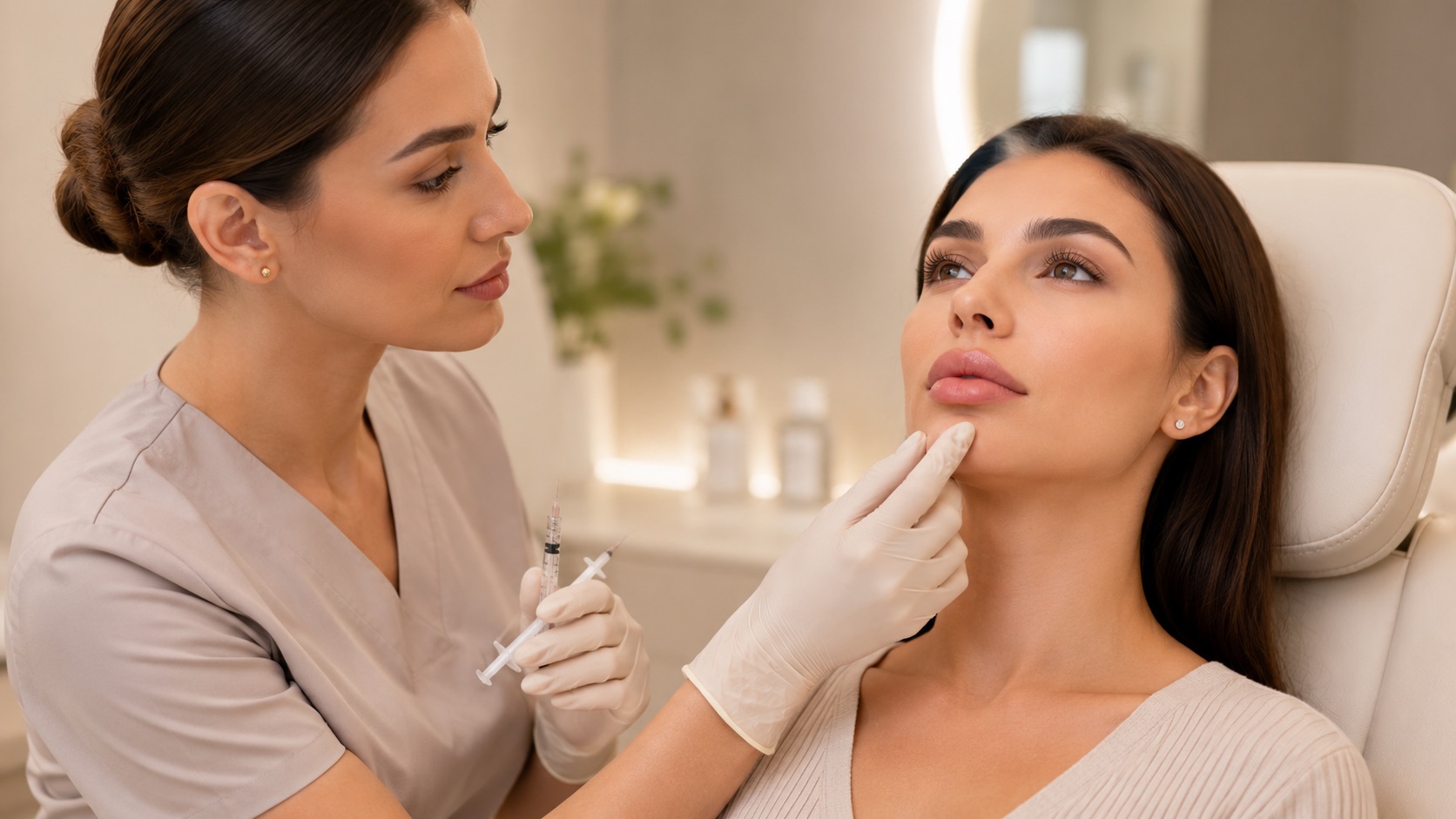 Aesthetic practitioner assessing a client’s lips during a Russian lip filler consultation in Reading