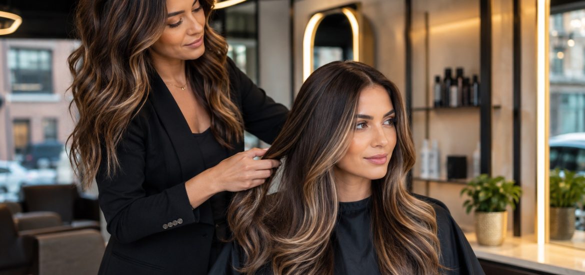Balayage and Keratin Hair Treatments in Wembley Hairstylist working with long glossy balayage hair in a modern Wembley salon