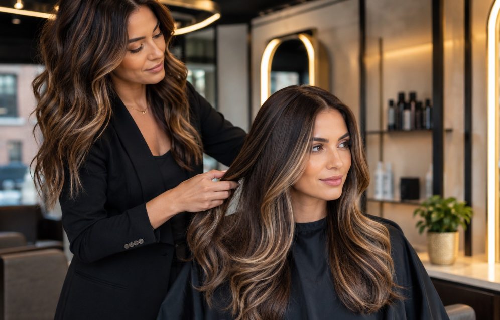 Balayage and Keratin Hair Treatments in Wembley Hairstylist working with long glossy balayage hair in a modern Wembley salon