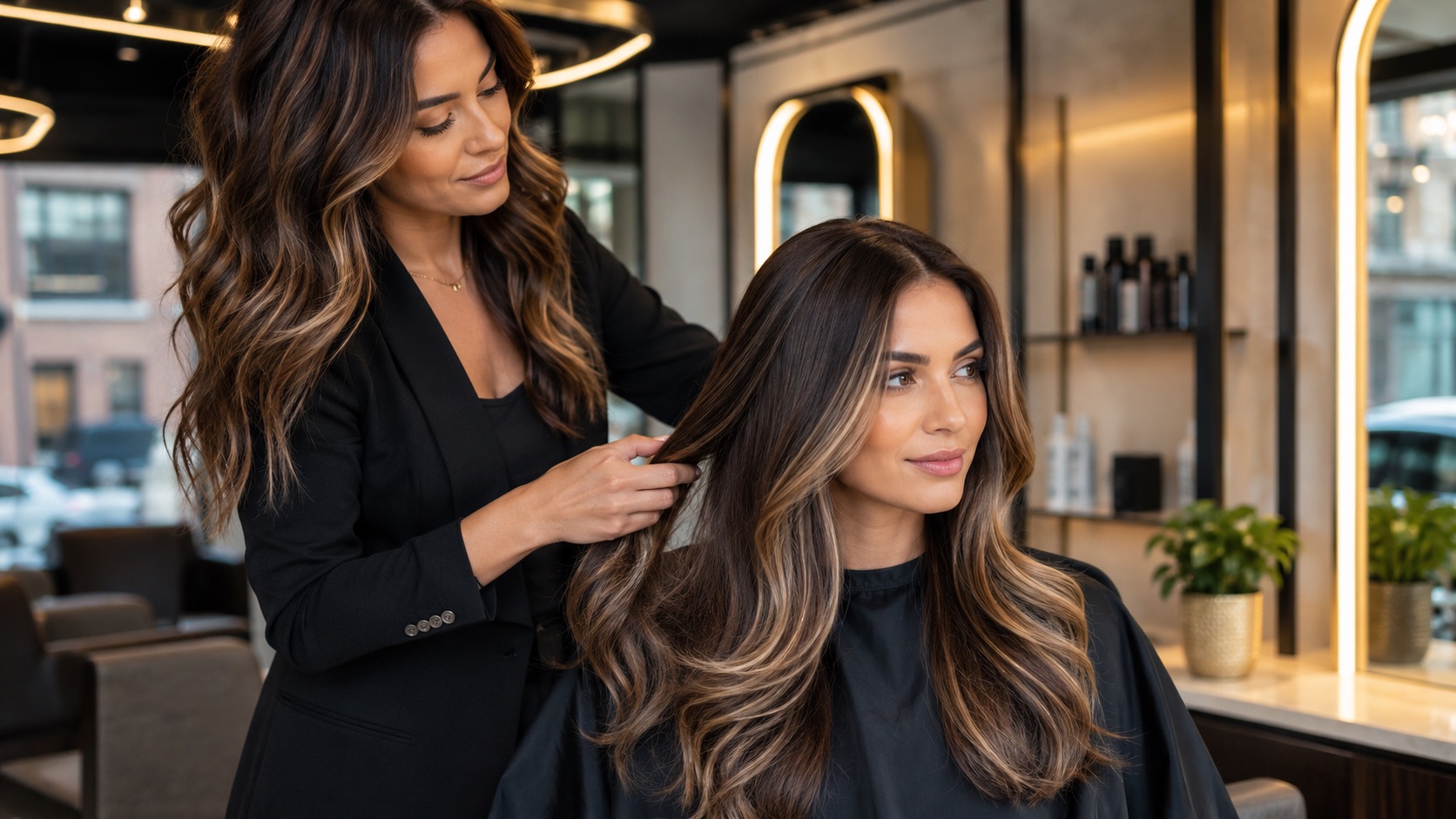 Hairstylist working with long glossy balayage hair in a modern Wembley salon
