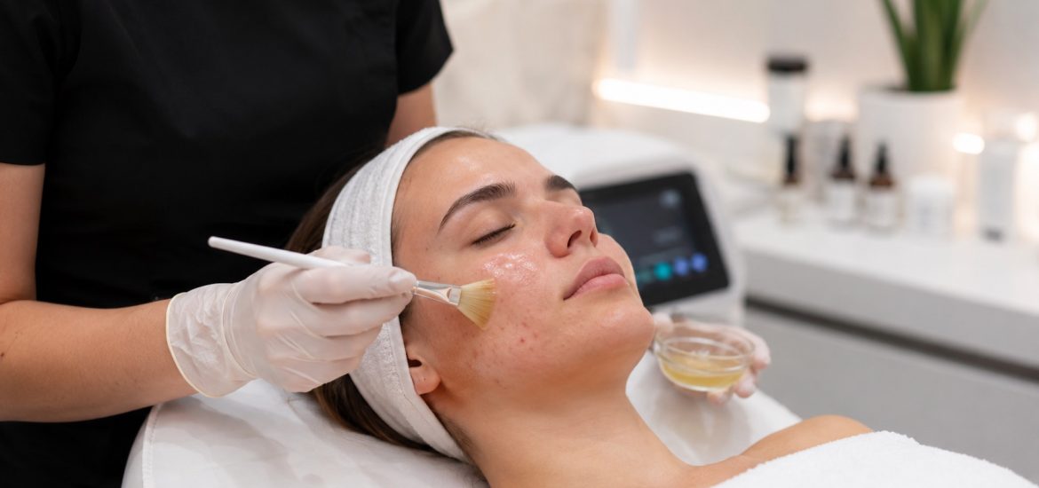 BioRePeel Facial for Acne-Prone Skin in Reading Skincare practitioner applying a professional facial peel to acne-prone skin
