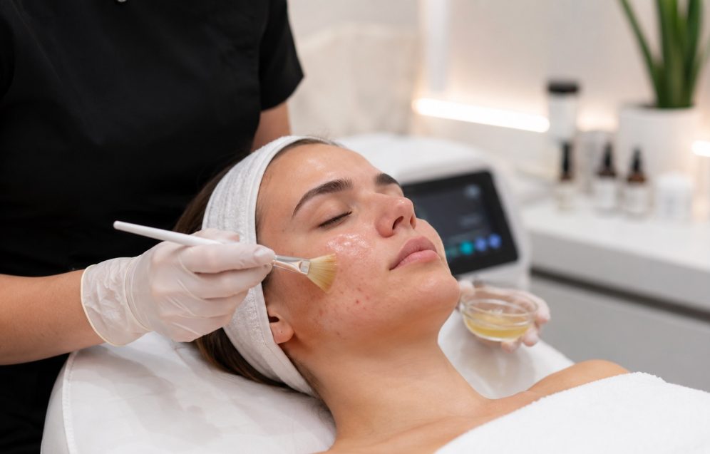 BioRePeel Facial for Acne-Prone Skin in Reading Skincare practitioner applying a professional facial peel to acne-prone skin