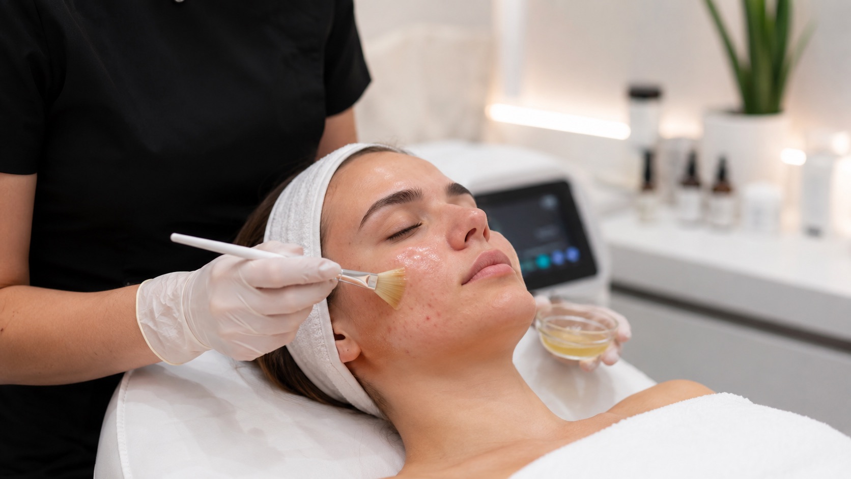 Skincare practitioner applying a professional facial peel to acne-prone skin