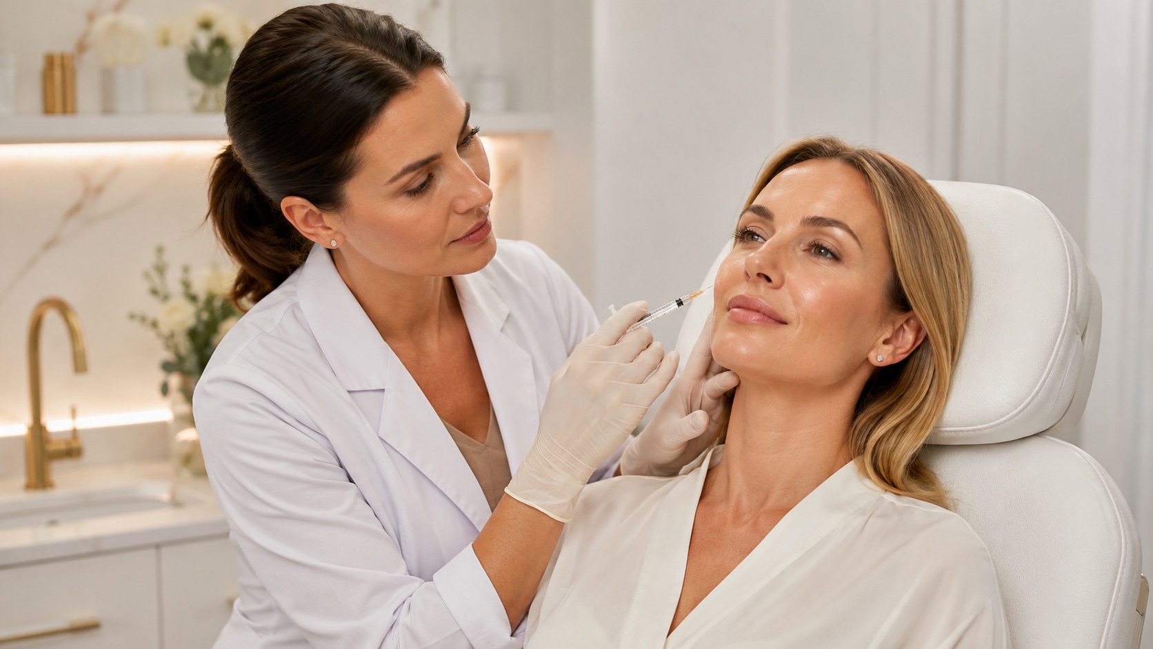 Practitioner administering an injectable skin treatment to a client with hydrated, glowing skin