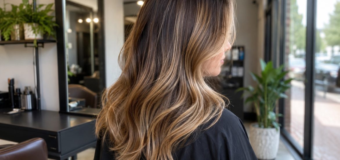 Balayage Hair Colour in Wembley Soft brunette and blonde balayage hair at a hair salon in Wembley
