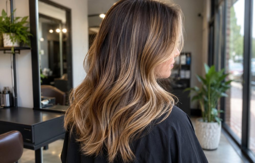 Balayage Hair Colour in Wembley Soft brunette and blonde balayage hair at a hair salon in Wembley