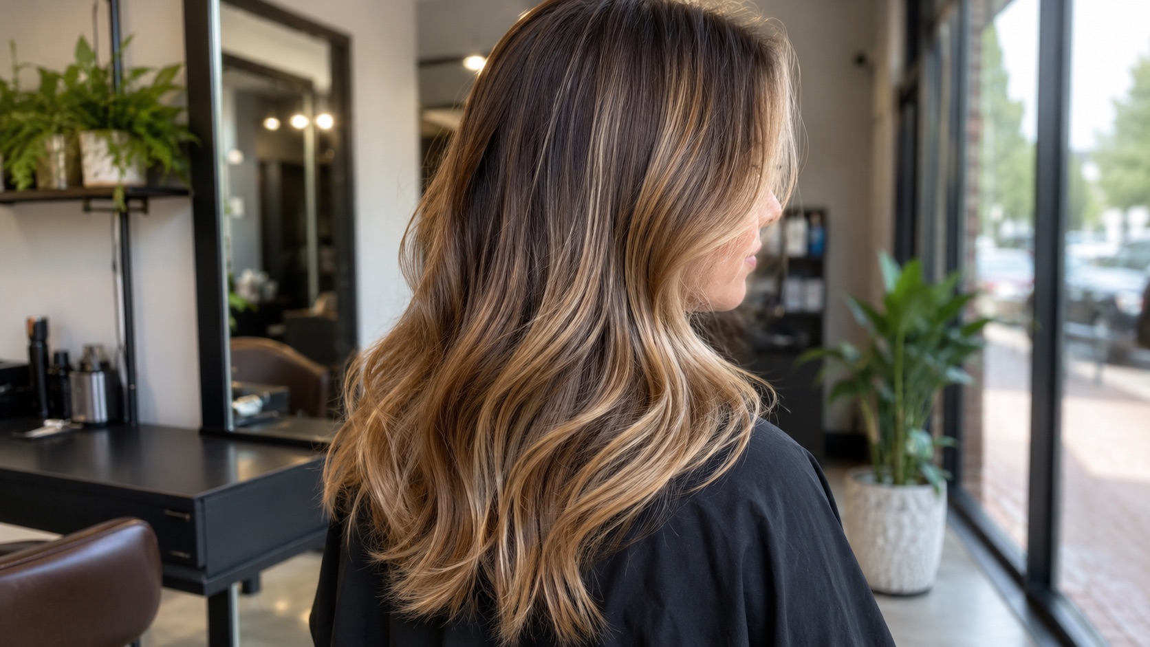 Soft brunette and blonde balayage hair at a hair salon in Wembley